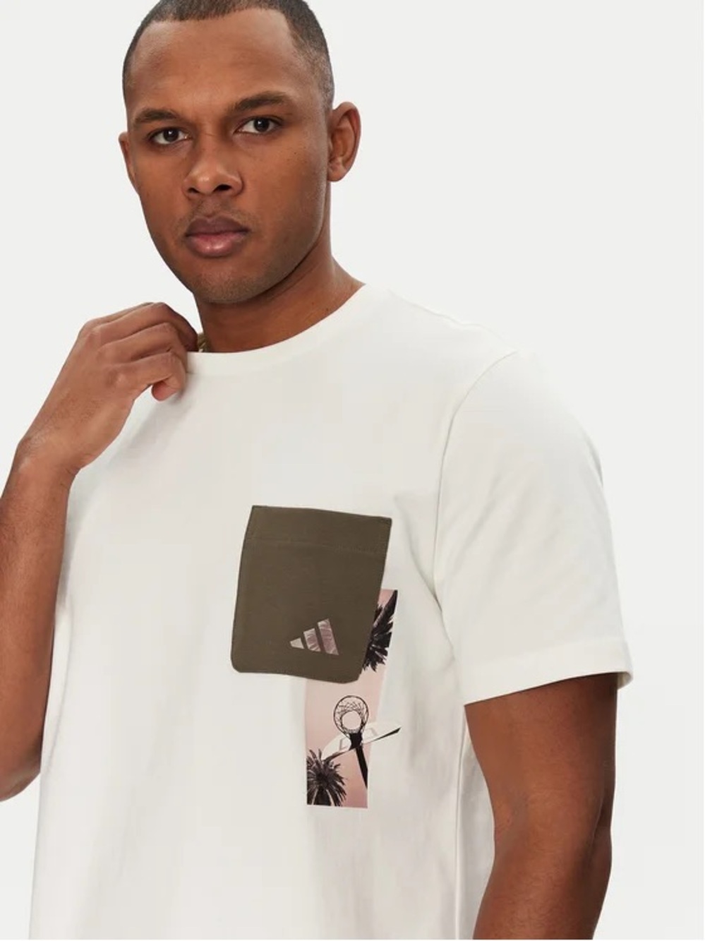 Adidas Basketball Pocket Tee Shirt, Loose Fit, Off White, Large - Picture 3 of 8
